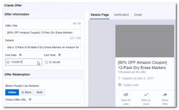 Facebook coupon offer setup
