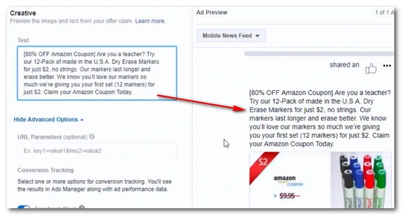 Add facebook ad text