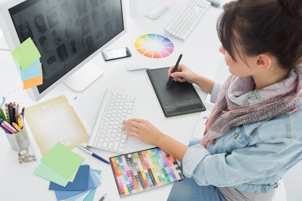 Amazon seller creating Amazon A+ content at her desk