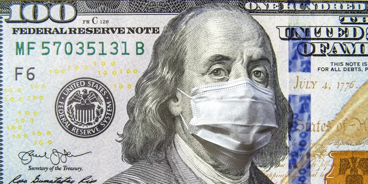 One hundred dollar bill with COVID mask