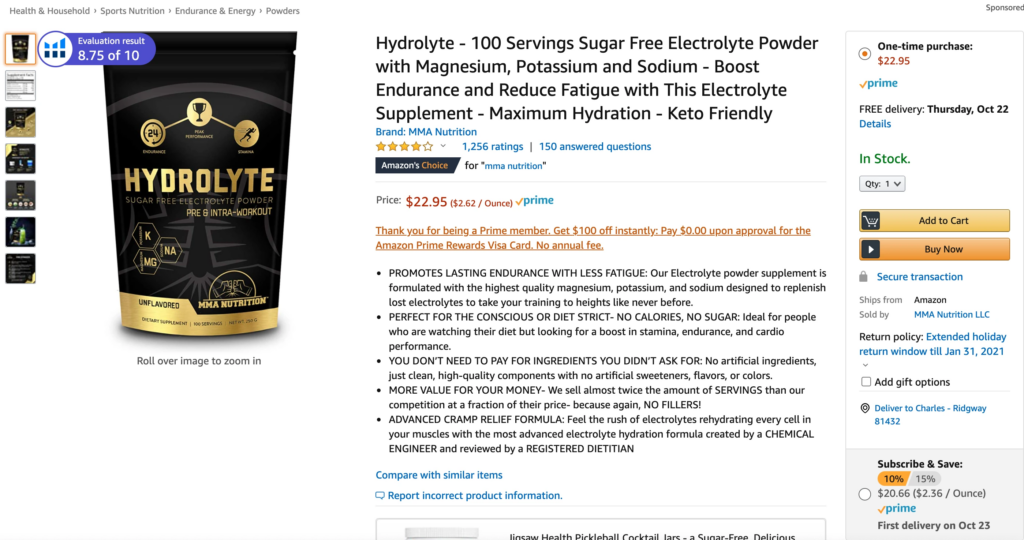 Amazon listing for Hydrolyte Supplements