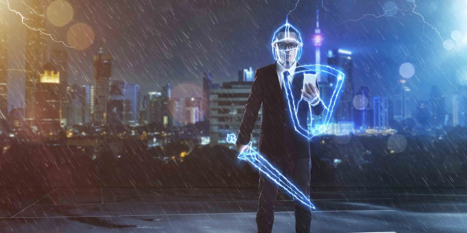 businessman wielding digital sword and armor against stylized urban backdrop
