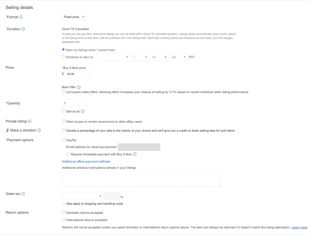 how to specify the duration of your listing, product quantity, product price, and payment/return options