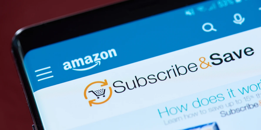 Mobile phone screen with "Amazon subscribe and save" button