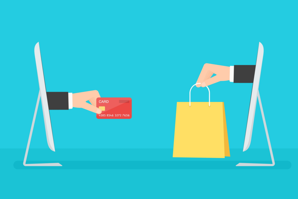 An arm holding a credit card and an arm holding a shopping bag