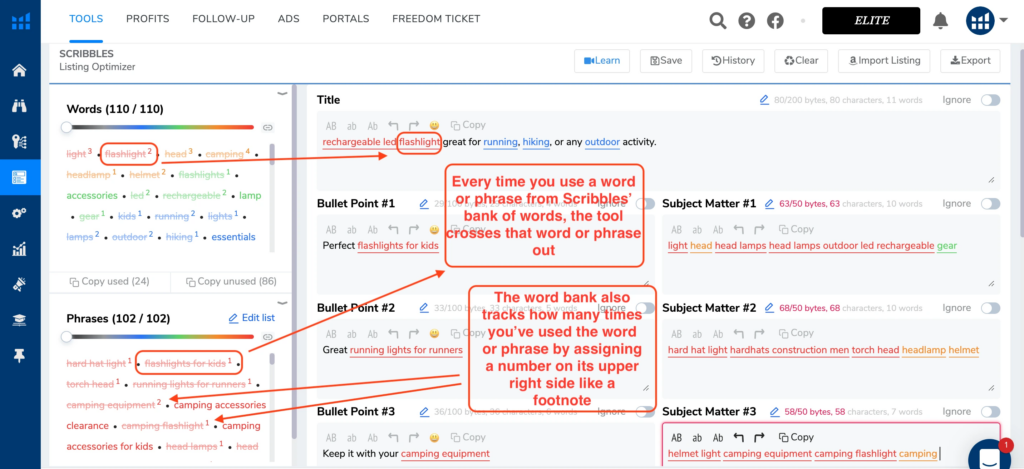 helium 10 scribbles - Amazon listing optimization