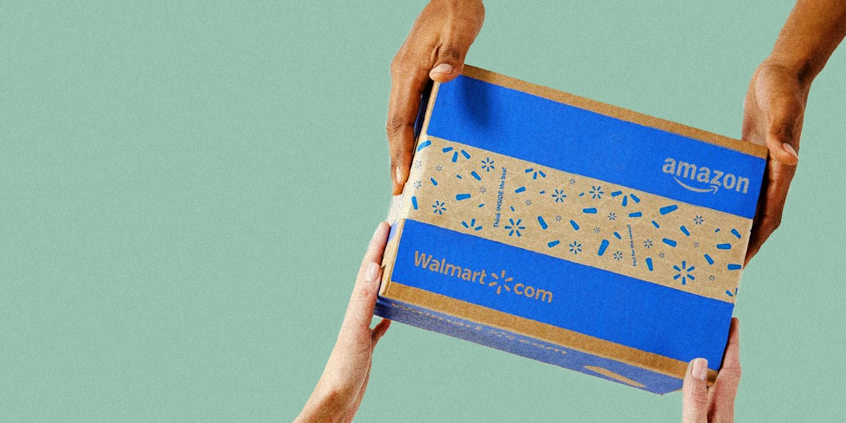 two pairs of hands holding a shipping box with logos of both Walmart and Amazon on green background