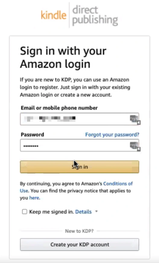 View of Kindle direct self-publishing sign in
