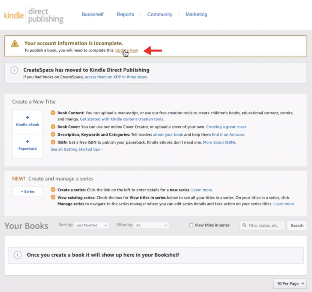 Kindle Direct Publishing CreateSpace Update Now button