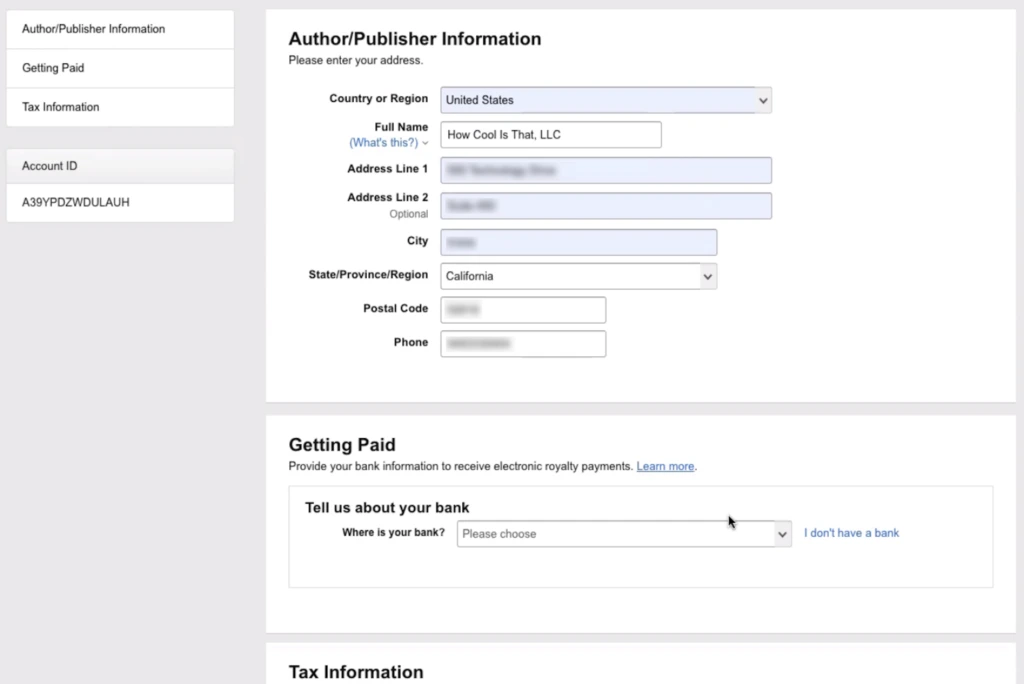 View of Author/Publisher Information in Kindle Direct Publishing