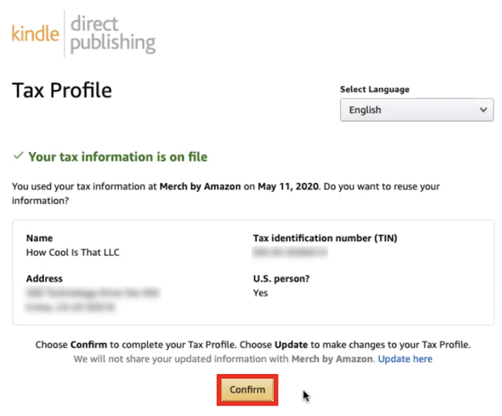 View of your Tax Profile in Kindle Direct Publishing 