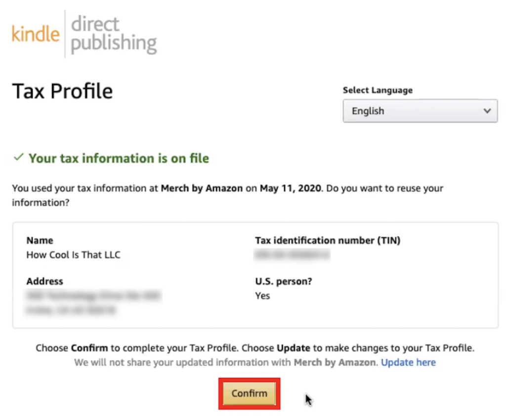 View of your Tax Profile in Kindle Direct Publishing
