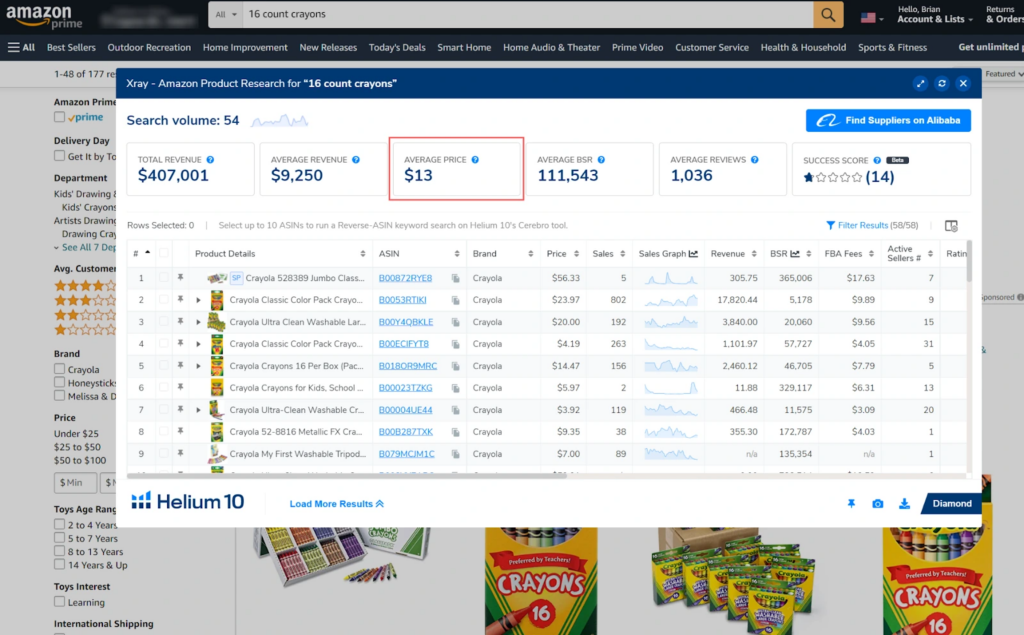 helium 10 xray analyzing search results for average price