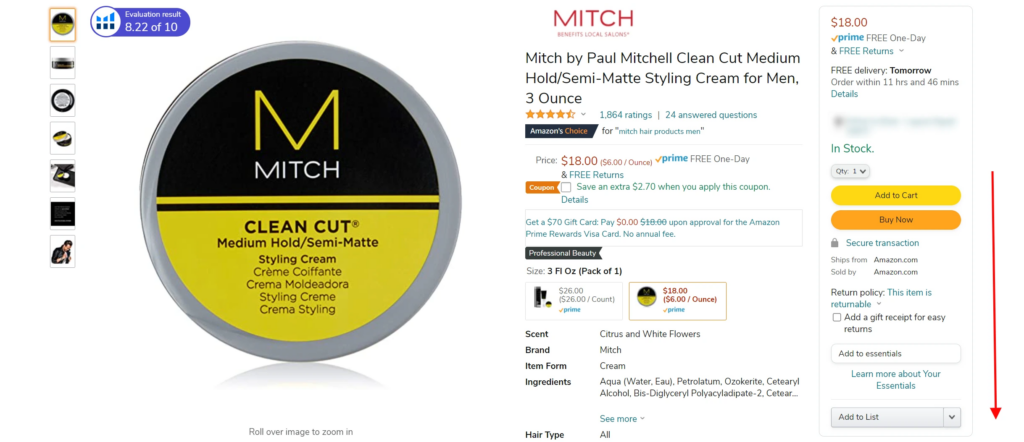 amazon listing for hair cream