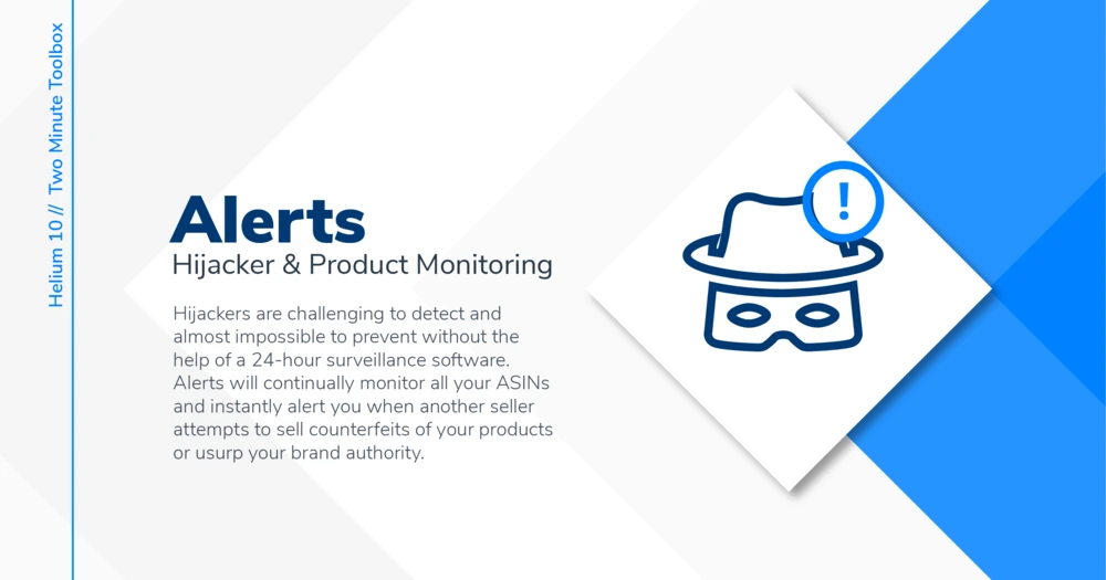 vector graphic with spy hat and mask, with title "Alerts, Hijacker and Product Monitoring"