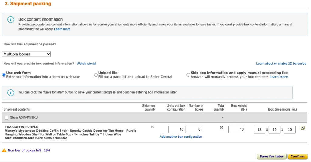 Shipment Packing options and customizations 