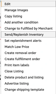 “send/replenish inventory” from the drop-down menu 
