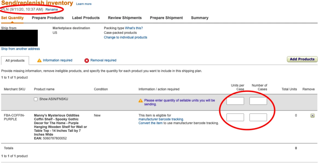 send/replenish inventory: Name your shipping plan and enter amount of cases and units