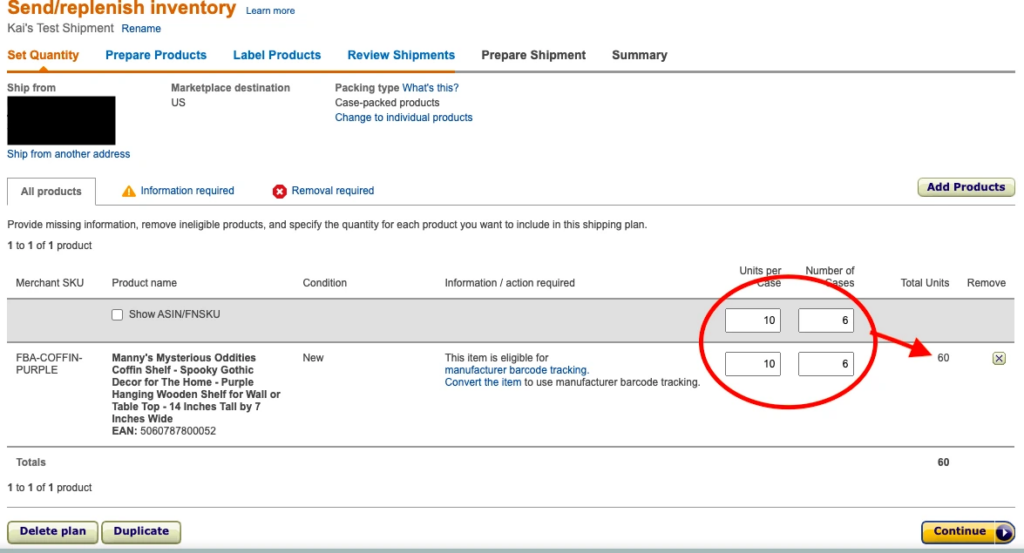 send/replenish inventory options of units per case and number of cases