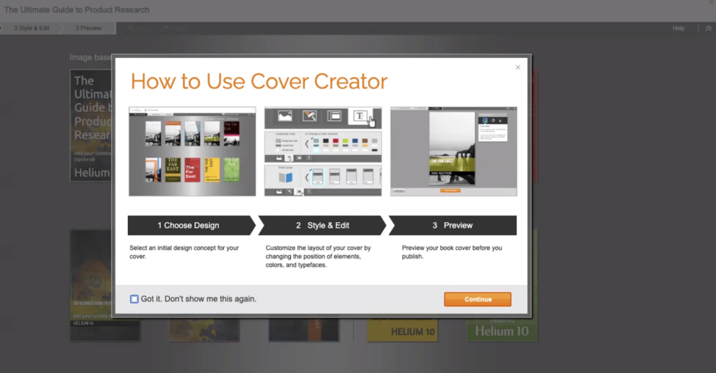 Helium 10 ebook cover creator screenshot setup