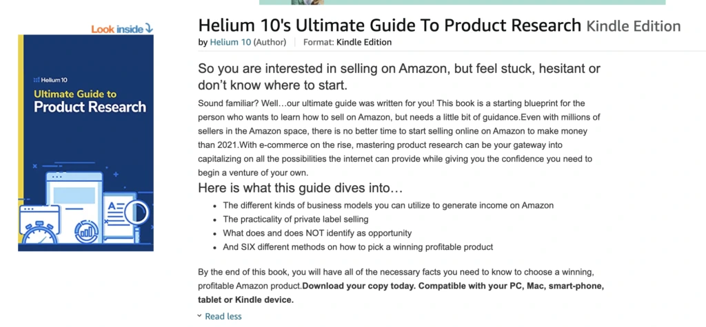 Helium 10 ebook product research screenshot setup
