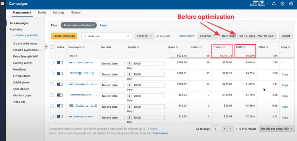 amazon seller central campaign before optimization