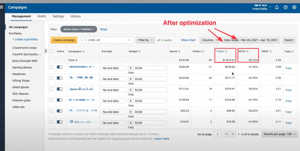 amazon seller central campaign after optimization