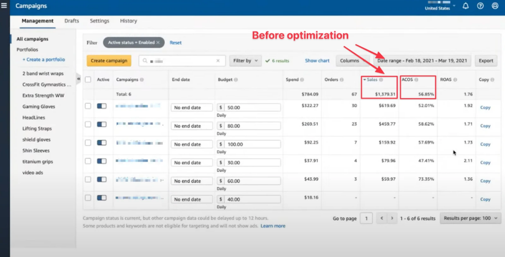 amazon seller central campaign before optimization