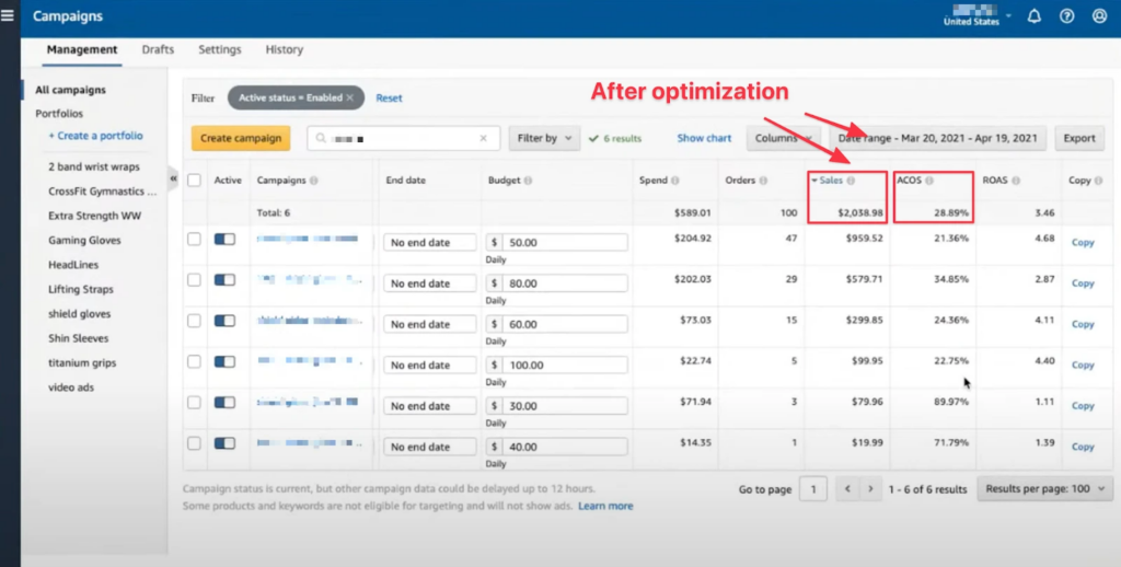amazon seller central campaign after optimization