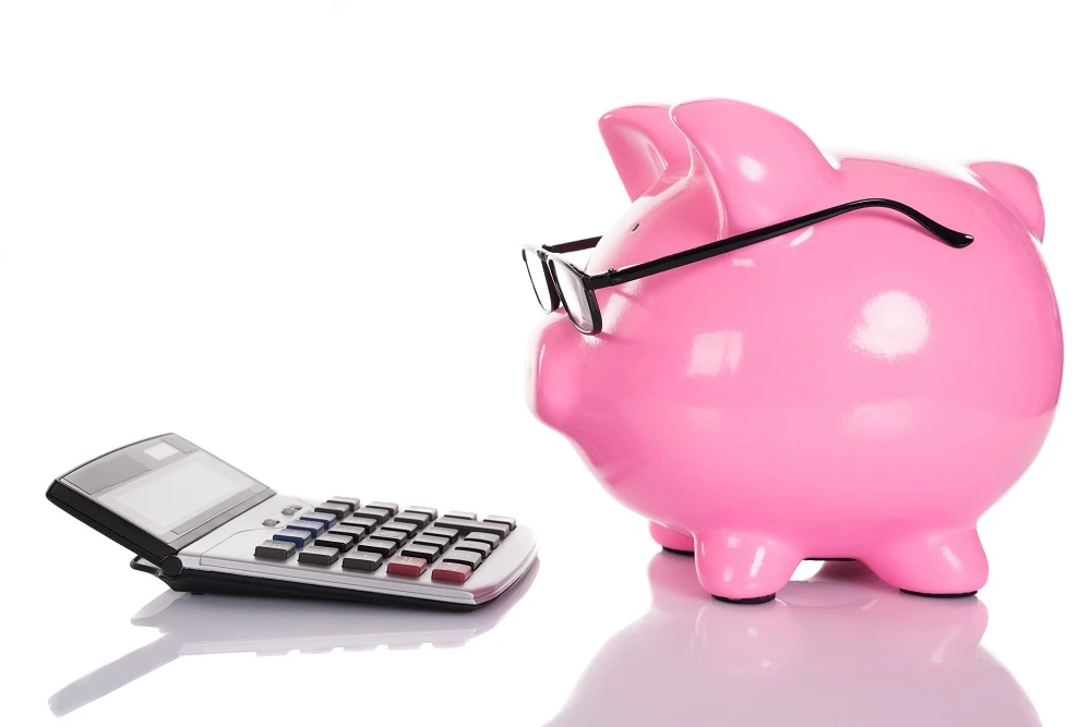Big pink piggy bank wearing glasses and using a calculator 