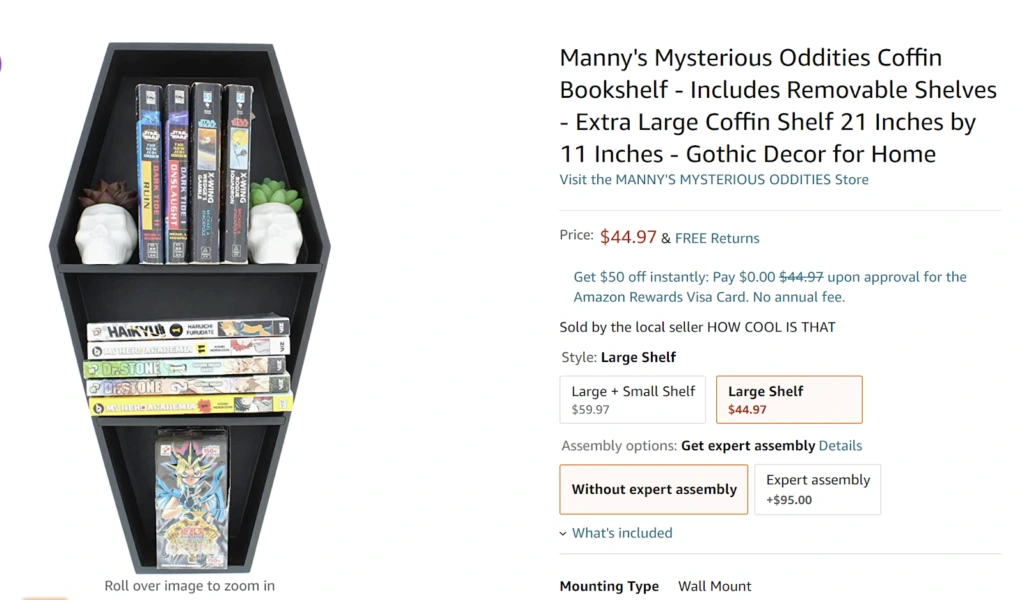 Manny's Mysteries Oddities Coffin Bookshelf 