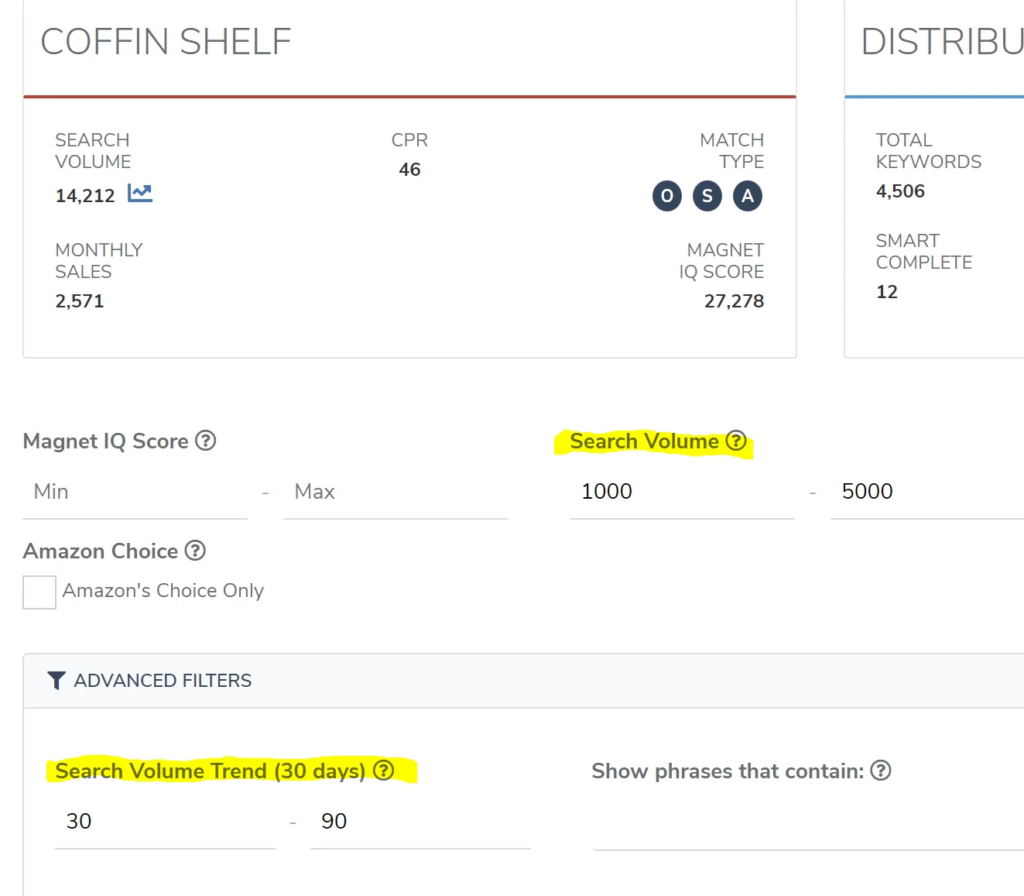 The functionality of filtering for search volume and search volume change, or trends specifically in Cerebro and Magnet