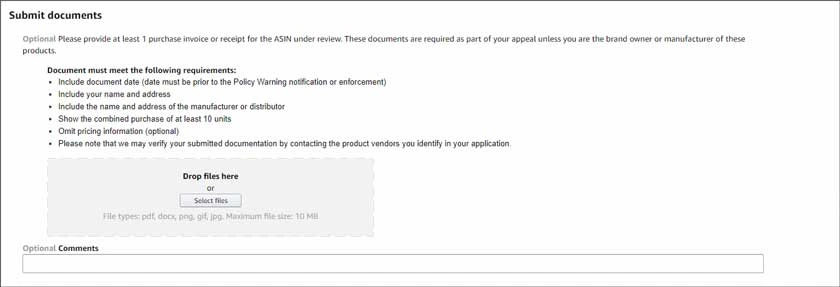 view of document submission in Seller Central