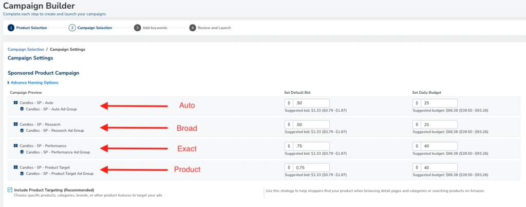 Campaign Builder (Auto, Broad, Exact, Product)