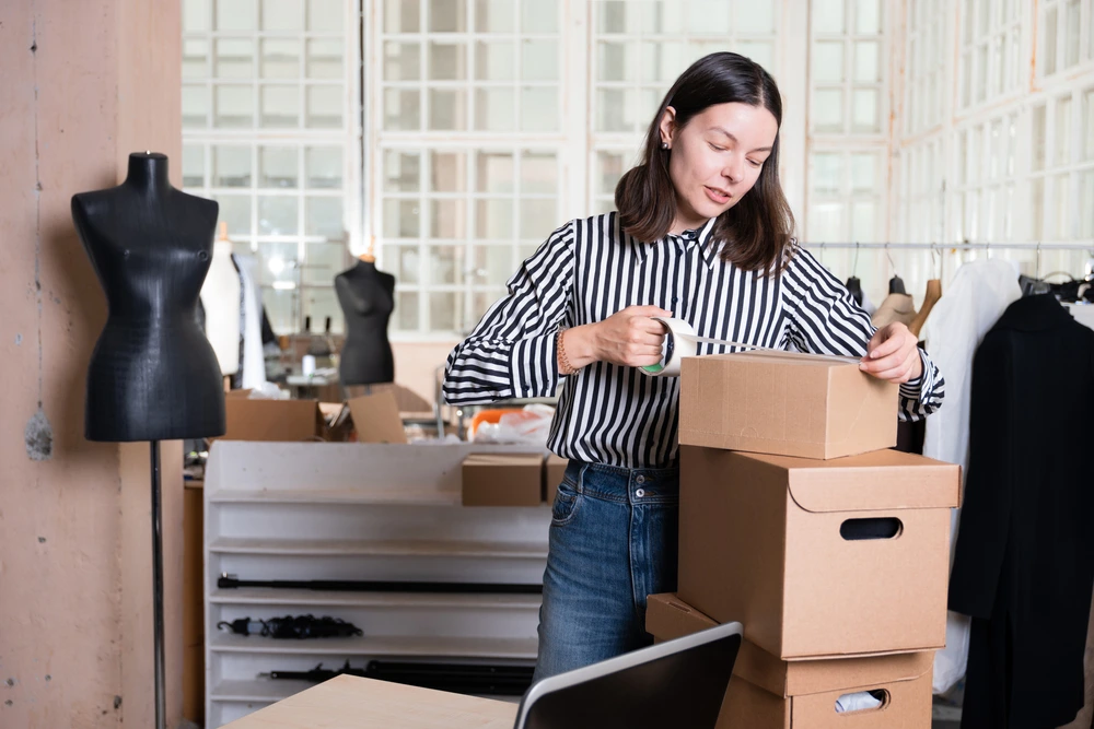 woman packing her amazon orders