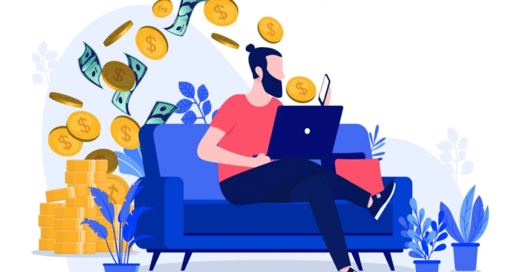 Animated image of a person sitting on their couch making a lot of money selling online