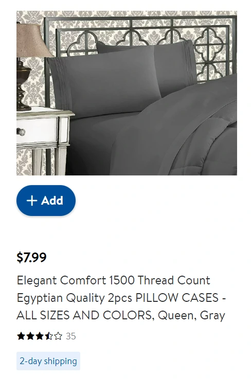 Example of a listing for bedsheets on Walmart with the "add" button 