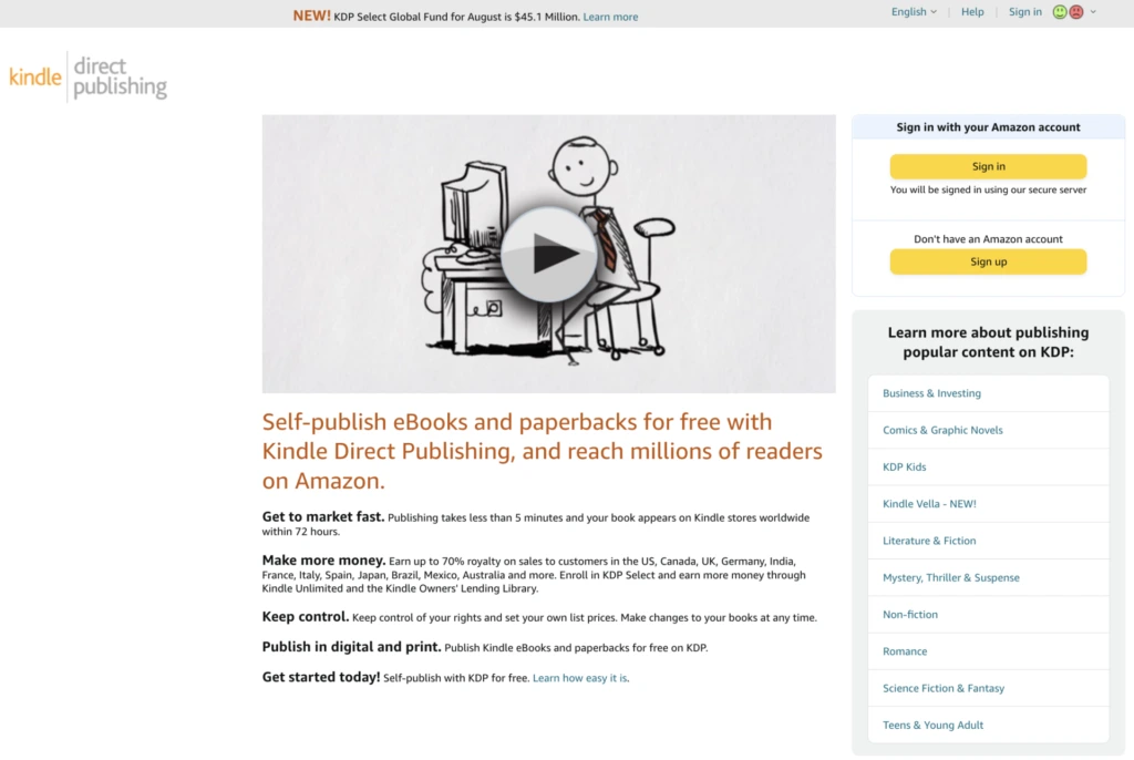 Kindle Direct Publishing page on Amazon