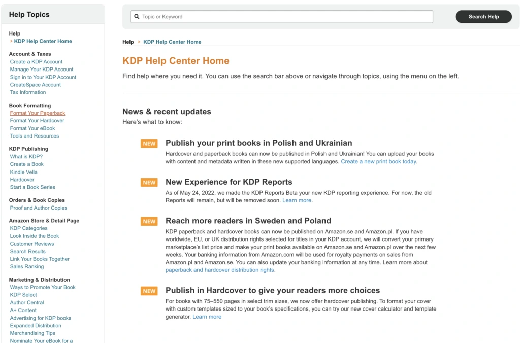 Amazon KDP help center for self publishers