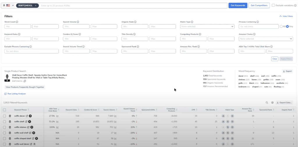 Amazon keyword research tool - Cerebro by Helium 10