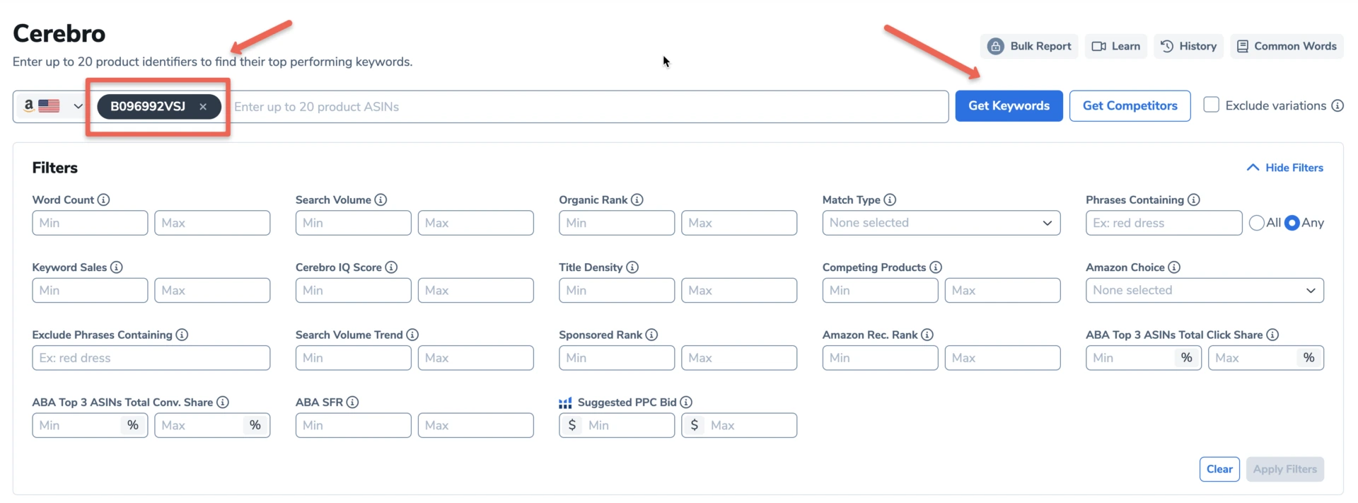 Cerebro ASIN keyword research