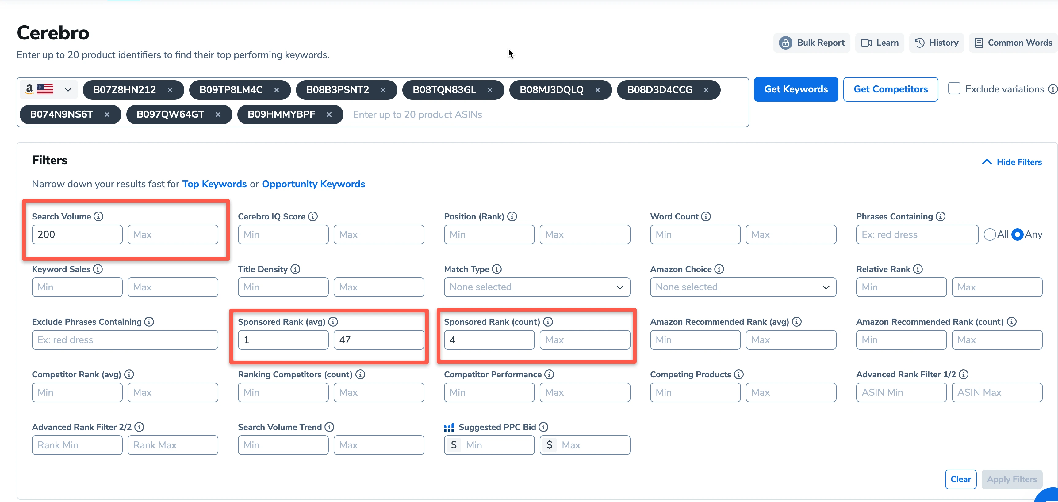 Cerebro - Search Volume, Sponsored Rank Average and Count