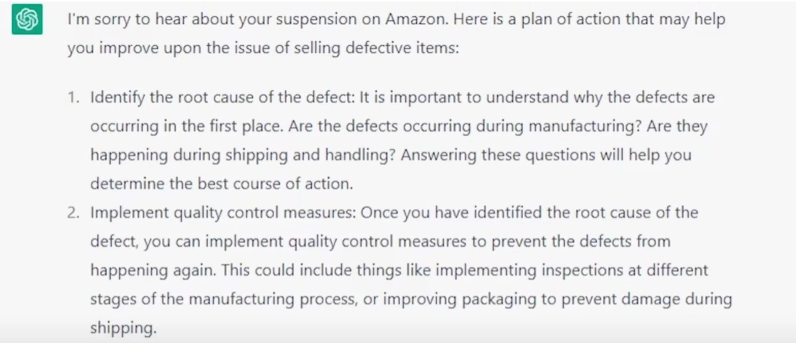 ChatGPT generated response to Amazon's Seller Support