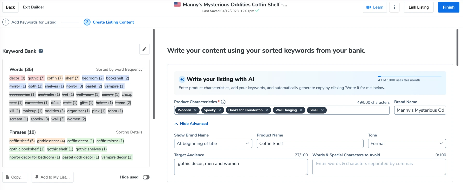 Listing Builder sorted keywords and phrases