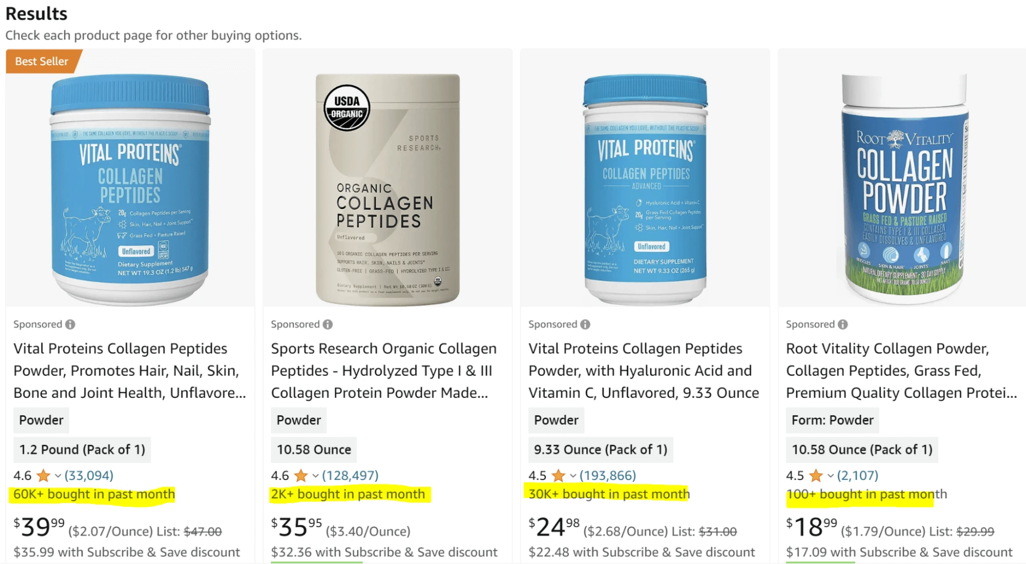 Amazon results show estimates and view of products