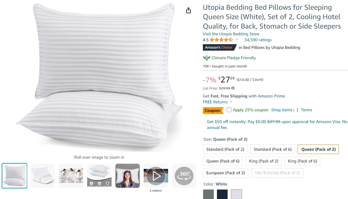 Pillows listing