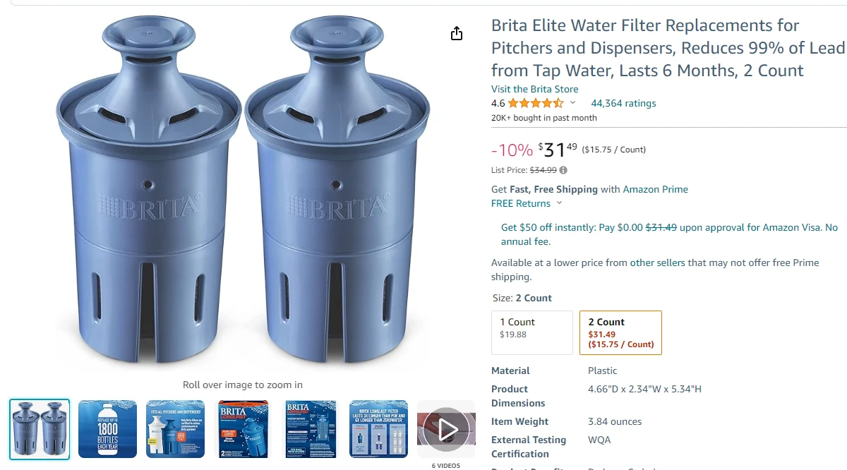Water filters listing