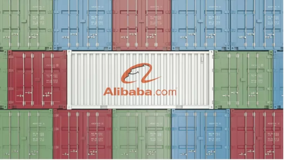 A shipping container with the Alibaba logo on it, surrounded by other shipping containers.