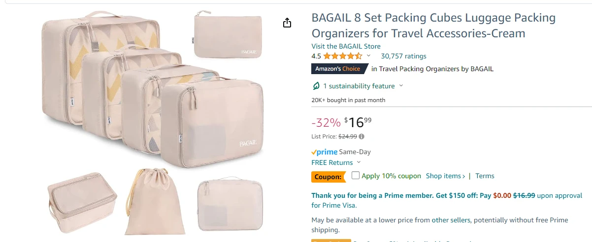 Packing cubes listing